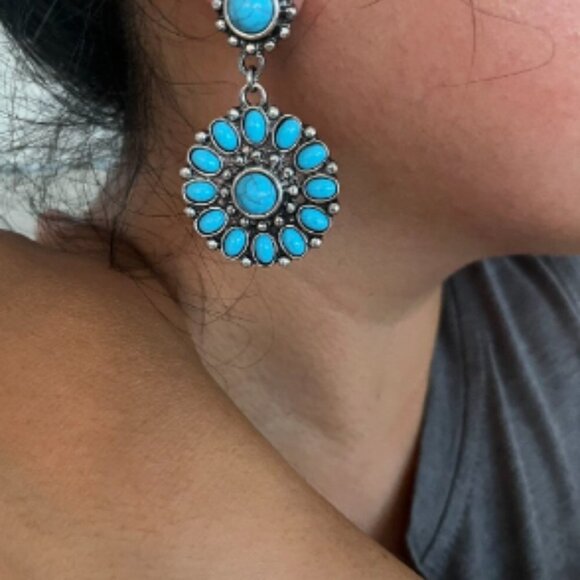 Western Style Blue Acrylic & Antique Drop Earrings - Picture 2 of 3